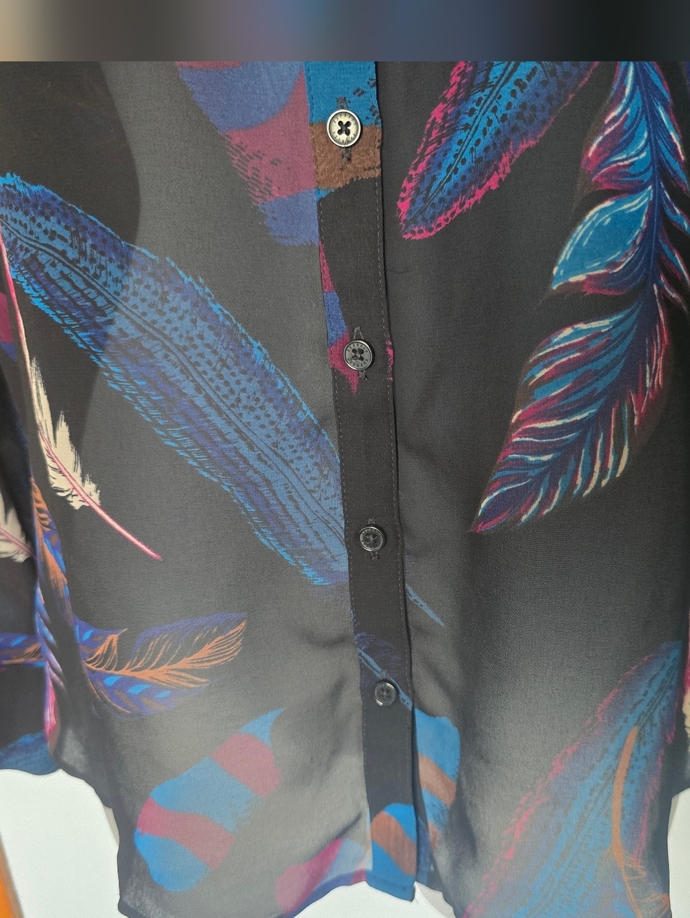 Express Portofino ShirtWomens size small Feather Print Sheer Long Sleeve - Picture 4 of 9